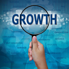 OUT SOURCING in Magnifying glass on blue background