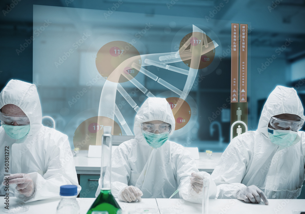 Poster Scientists working in the lab with futuristic interface
