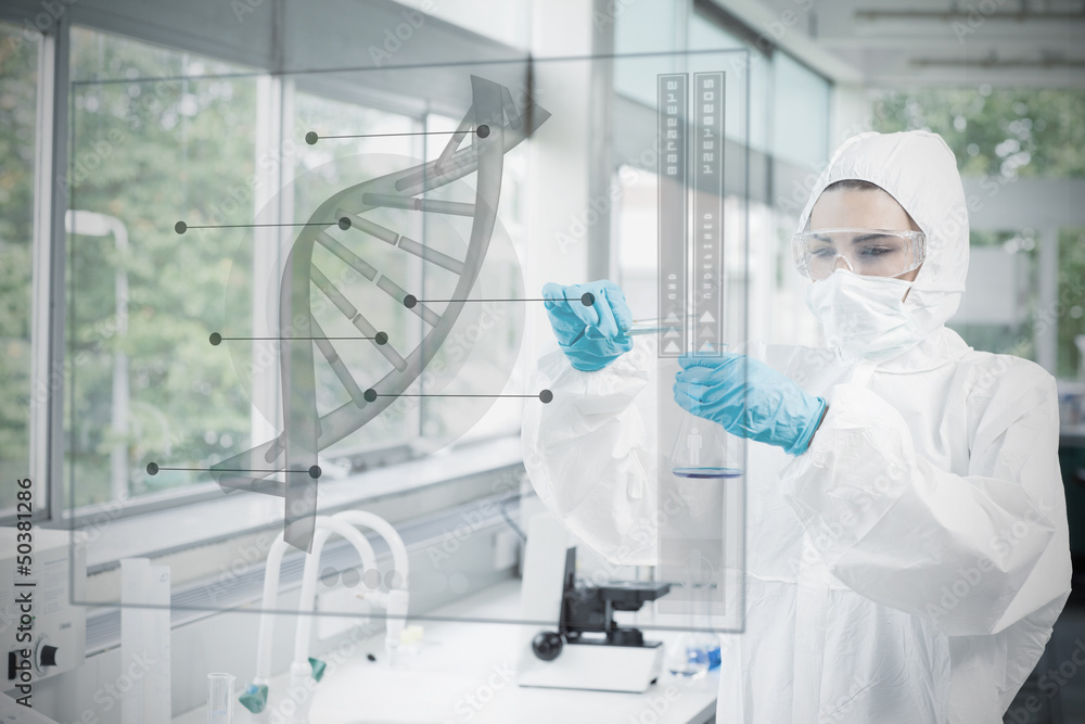 Poster chemist in protective suit working with futuristic interface wit