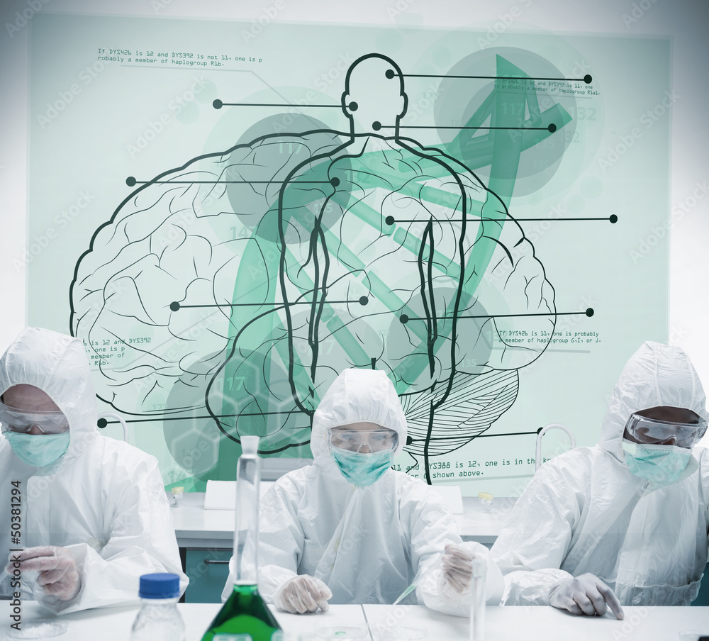 Poster chemists working in protective suit with futuristic interface sh
