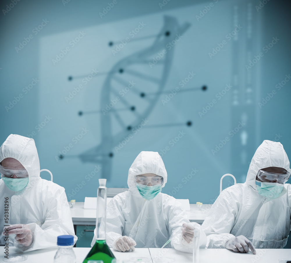 Poster chemists working in protective suit with futuristic interface sh