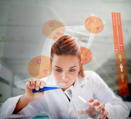 Scientist pouring liquid into erlenmeyer with futuristic screen