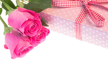 Obraz na płótnie Canvas Pink roses resting on pink polka dot wrapped present with copy s