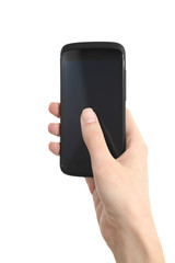 Woman hand touching a mobile phone screen with her thumb
