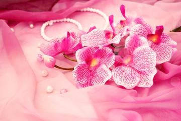 Pink orchids, necklace, beads