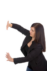 Business woman pushing something