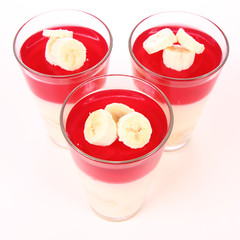 Pudding dessert with bananas and raspberry jelly