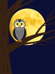 Papier Peint photo Oiseaux dans la forêt hibou de dessin animé assis sur une branche d& 39 arbre à la pleine lune