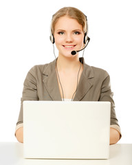 Portrait of  business woman working with headset and laptop.