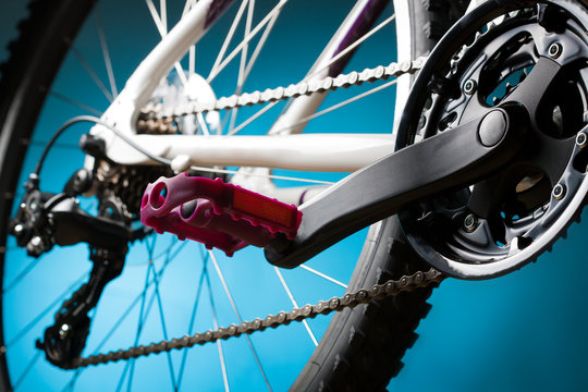 part of the mountain bike, front sprocket and pedal