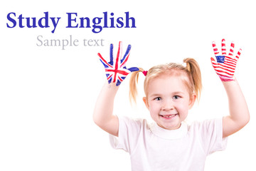 American and English flags on child's hands.