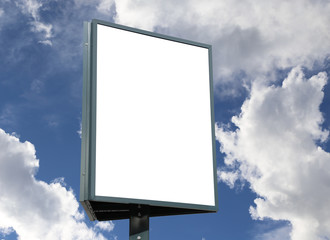 Large blank, empty, white billboard screen, on cloudy sky