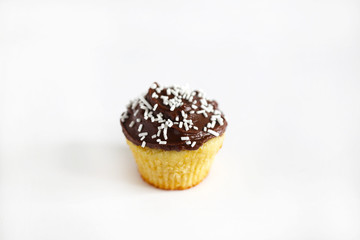 Cupcake or muffin with chocolate icing and sprinkles, isolated