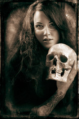 Woman with a pale face and skull..