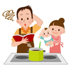 料理をする男性と家族