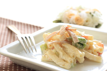 homemade food, macaroni and vegetable salad