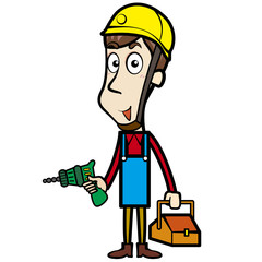 Cartoon Plumber with Electric Drill and Toolbox
