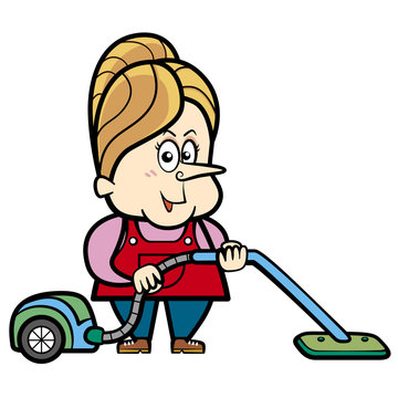 Cartoon Housewife with a Vacuum Cleaner