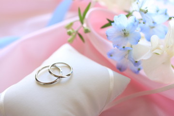 wedding rings and elegant blue Delphinium