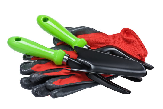 garden tools and red gloves