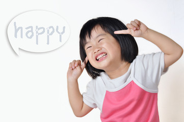 little asian girl smiling with "happy" word in speak bub