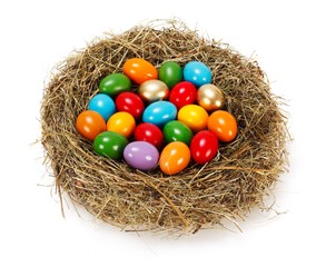 Lots of colorful eggs in nest
