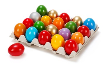 Colorful Easter eggs in storage box
