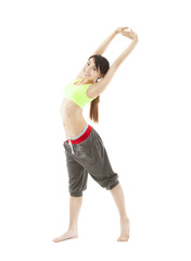 happy young woman doing stretch exercise isolated on white