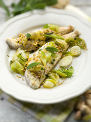 fish fillet with pistachio sage and leek