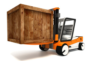 fork lifter transporting wooden crate