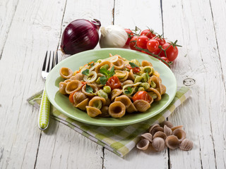 orecchiette with bean broad and fresh tomatoes