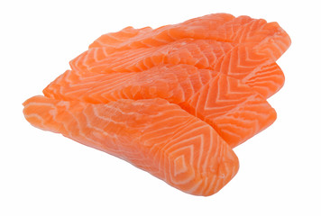 Four raw slices of salmon isolated on white background