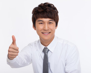 Showing thumb Asian young business man close up shot