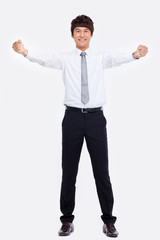 Showing fist young Asian business man.