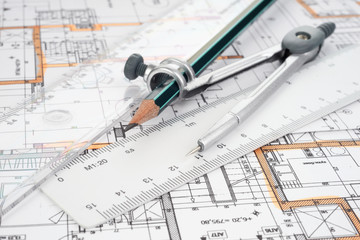 Architectural project, pair of compasses and rulers