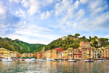Portofino luxury village landmark, panorama view. Liguria, Italy