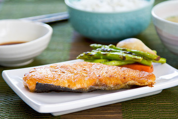 Grilled Salmon with Miso soup and rice
