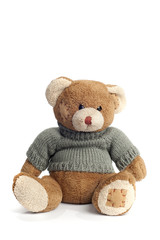 teddy bear with a green sweater isolated on white