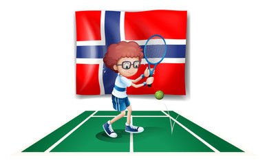 The flag of Norway at the back of the tennis player