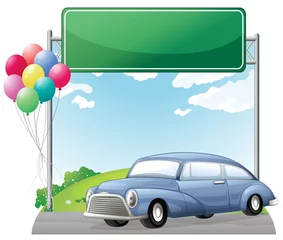 Badkamer foto achterwand Een auto en ballonnen met een leeg bord © GraphicsRF