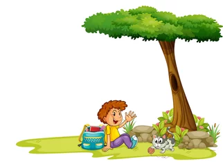 Stof per meter Een jongen en zijn kat onder de boom © GraphicsRF