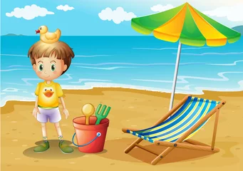 Stickers pour porte Rivière, lac Un jeune garçon et ses jouets à la plage