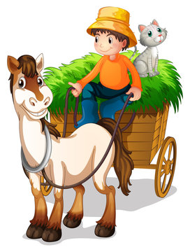 A farmer riding a cart with a cat at the back