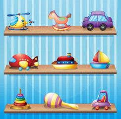 Three wooden shelves with toys