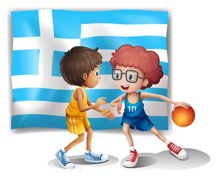 Boys playing basketball with the flag of Greece