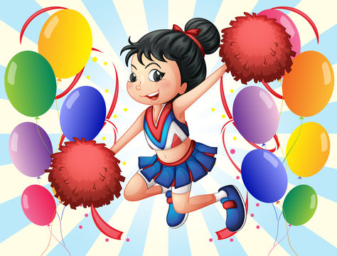 A cheerleader holding red pompoms with balloons