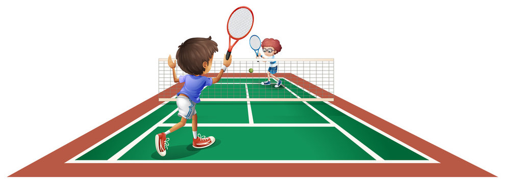 Two kids playing tennis