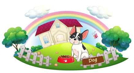 Fotobehang Een hond en zijn hondenvoer voor een huis © GraphicsRF