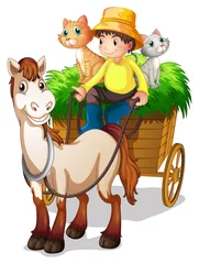 Photo sur Plexiglas Chats Un fermier chevauchant une charrette de paille avec ses animaux de la ferme