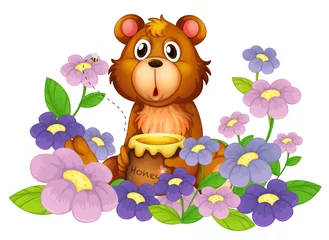 Photo sur Plexiglas Ours Un ours tenant un miel dans le jardin fleuri
